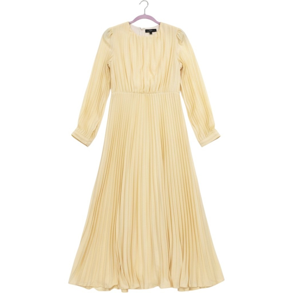 Butter Yellow Pleated Long Sleeve Midi Dress Size Medium